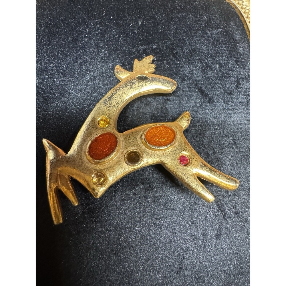 Vintage Abstract Reindeer Brooch Gold Tone Rhinestone Mid Century Modern Pin